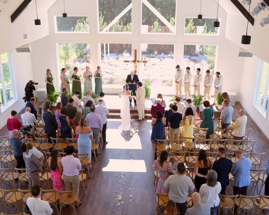 Overhead view of a ceremony in the River Road chapel